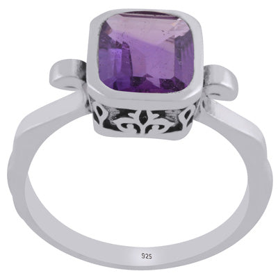 Gorgeous Collet Around Gemstone Amethyst Rectangle Shape 925 Sterling Solid Silver Ring - R1002454-1