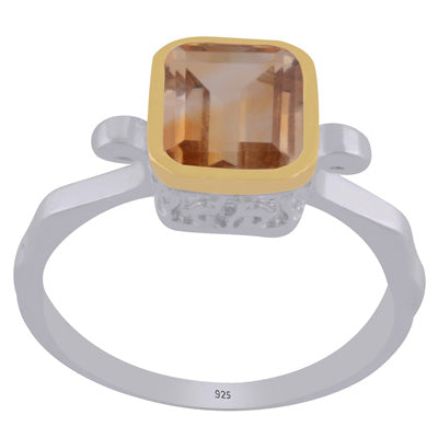 Stunning Two tone Gold Plated Citrine Rectangle Shape 925 Sterling Solid Silver Ring - R1002454-11