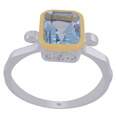 Stunning Two tone Gold Plated Blue Topaz Rectangle Shape 925 Sterling Solid Silver Ring - R1002454-23