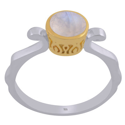 Stunning Two Tone Gold Plated Rainbow Moonstone Round Shape 925 Sterling Solid Silver Ring - R1002458-10