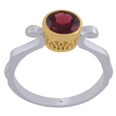 Stunning Two Tone Gold Plated Garnet Round Shape 925 Sterling Solid Silver Ring - R1002458-5