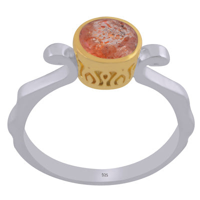 Stunning Two Tone Gold Plated Sun Stone Round Shape 925 Sterling Solid Silver Ring - R1002458-8