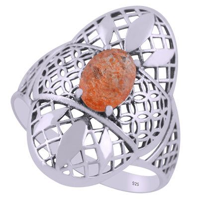 Stunning Jali Pattern Around Sun Stone Oval Shape 925 Sterling Solid Silver Ring - R1002459-8