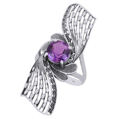 Stunning Oxidised Jali Work Around Amethyst Round Shape 925 Sterling Solid Silver Ring - R1002463-1