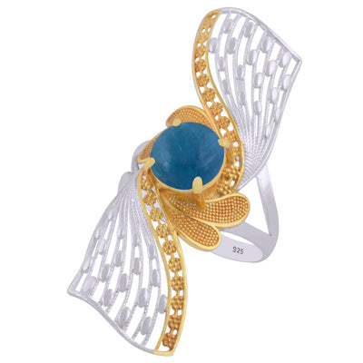 Alluring Gold Plated Jali Work Around Apatite Round Shape 925 Sterling Solid Silver Ring - R1002463-14