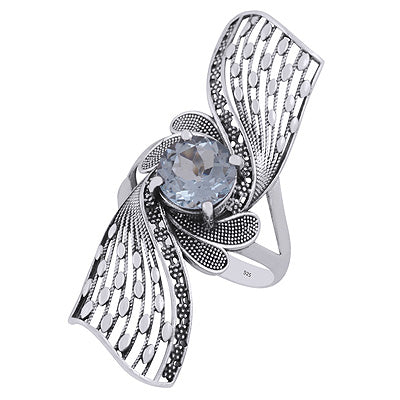 Stunning Oxidised Jali Work Around Blue Topaz Round Shape 925 Sterling Solid Silver Ring - R1002463-3