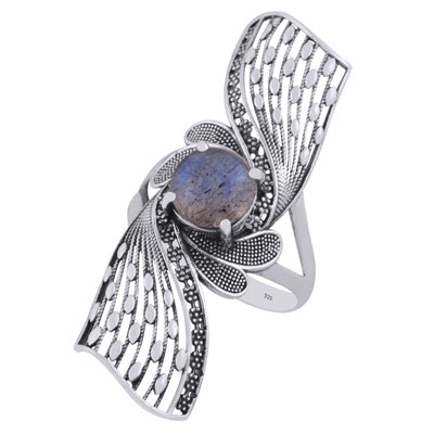 Stunning Oxidised Jali Work Around Labradorite Round Shape 925 Sterling Solid Silver Ring - R1002463-6