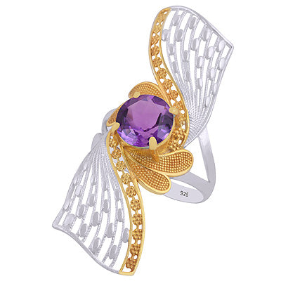 Alluring Gold Plated Jali Work Around Amethyst Round Shape 925 Sterling Solid Silver Ring - R1002463-9