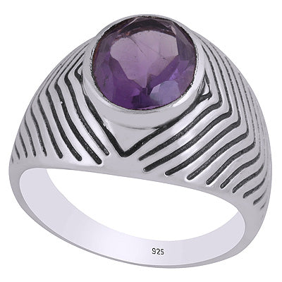 Stunning Handcrafted Texture Work Around Amethyst Amethyst Oval Shape 925 Sterling Solid Silver Ring - R1002478-11