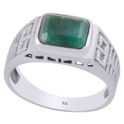 Gorgeous Stone Studded Work Around Green Corundum Rectangle Shape 925 Sterling Solid Silver Ring - R1002478-52