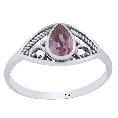 Alluring Rawa & Twisted Wire Work Pattern Around Pink Cubic Zirconia Pear Shape 925 Sterling Solid Silver Ring - R1002484-14