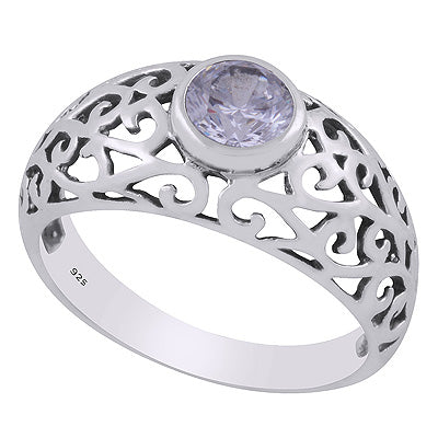 Alluring Handcrafted Jali Work Around White Cubic Zirconia Round Shape 925 Sterling Solid Silver Ring - R1002488-12