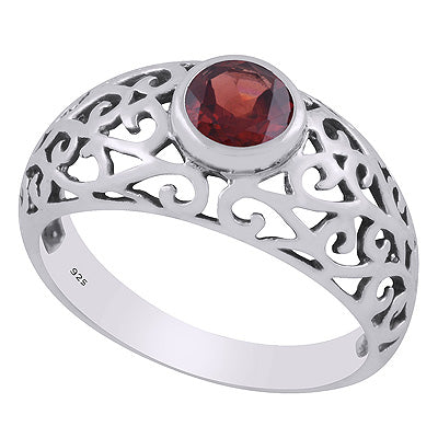 Alluring Handcrafted Jali Work Around Garnet Round Shape 925 Sterling Solid Silver Ring - R1002488-2