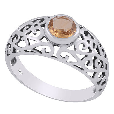 Alluring Handcrafted Jali Work Around Citrine Round Shape 925 Sterling Solid Silver Ring - R1002488-4