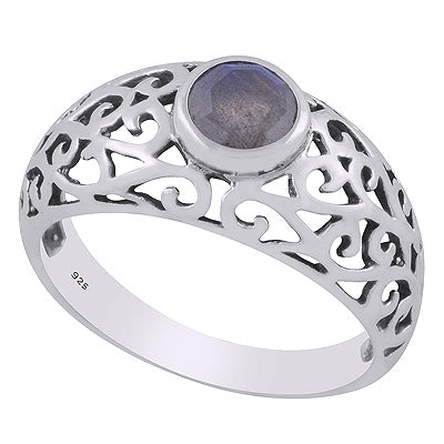 Alluring Handcrafted Jali Work Around Labradorite Round Shape 925 Sterling Solid Silver Ring - R1002488-6