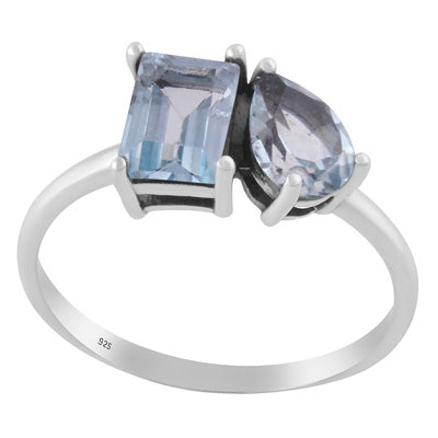 Stunning Multicolour Gemstones Studded Blue Topaz Rectangle,Pear Shape 925 Sterling Solid Silver Ring - R1002506-34