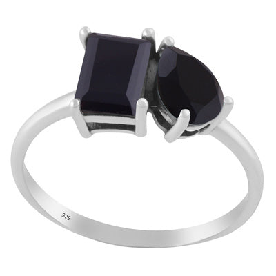 Stunning Multicolour Gemstones Studded Black Onyx Rectangle,Pear Shape 925 Sterling Solid Silver Ring - R1002506-35