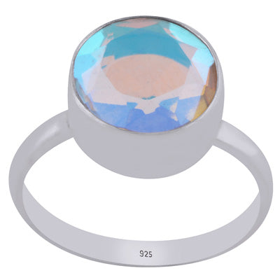 Plain Collet Natural White Mystic Opal Round Shape 925 Sterling Solid Silver Ring - R1002508-1