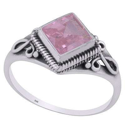 Beautifully Handcrafted Wire Work Pink Cubic Zirconia Rhombus Shape 925 Sterling Solid Silver Ring - R1002521-14