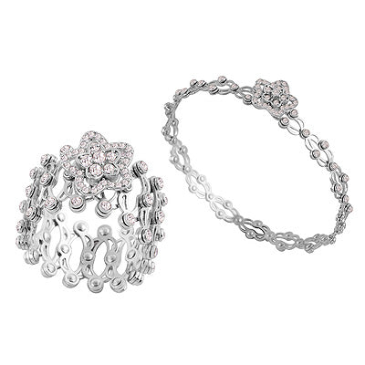 Gorgeous Supple 2 in 1 Convertible Flower White Cubic Zirconia Round Shape 925 Sterling Solid Silver Bracelet & Ring - R1002526-3