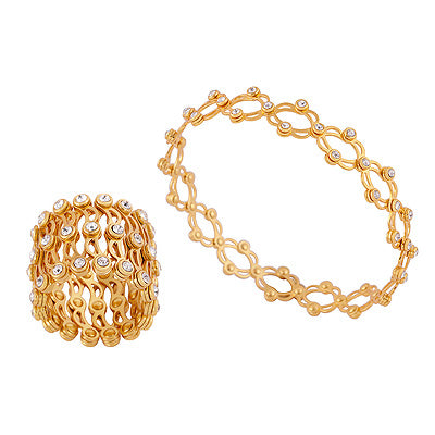 Beautiful Gold Plated Supple 2 in 1 Convertible White Cubic Zirconia Round Shape 925 Sterling Solid Silver Bracelet & Ring - R1002526-4