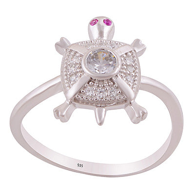 Alluring Turtle Cz Gemstone Studded Around Cubic Zirconia Round Shape 925 Sterling Solid Silver Ring - R1002527-11