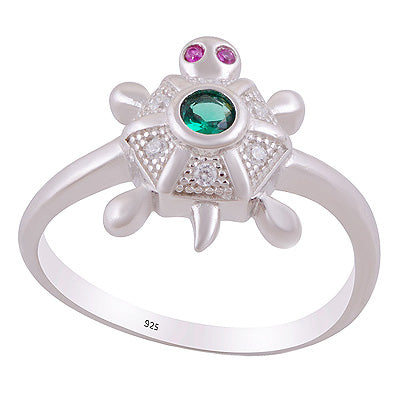 Alluring Turtle Cz Gemstone Studded Around Cubic Zirconia Round Shape 925 Sterling Solid Silver Ring - R1002527-15
