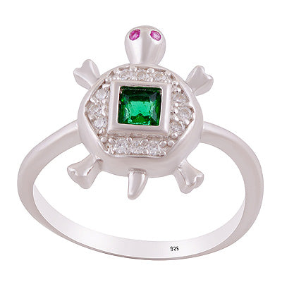 Alluring Turtle Cz Gemstone Studded Around Cubic Zirconia Square,Round Shape 925 Sterling Solid Silver Ring - R1002527-27