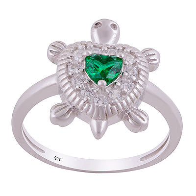 Alluring Turtle Cz Gemstone Studded Around Cubic Zirconia Heart,Round Shape 925 Sterling Solid Silver Ring - R1002527-31