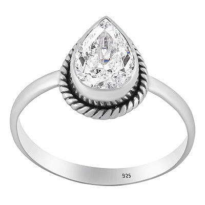 Authentic Wire Work Around White Topaz Pear Shape 925 Sterling Solid Silver Ring - R1002529-2