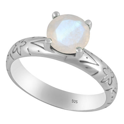 Alluring Prong Seated Gemstone Rainbow Moonstone Round Shape 925 Sterling Solid Silver Ring - R1002532-7