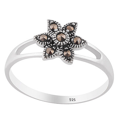Gorgeous Oxidised Flower Gemstone Marcasite Round Shape 925 Sterling Solid Silver Ring - R1002533-1
