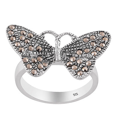 Alluring Butterfly Inspired Marcasite Round Shape 925 Sterling Solid Silver Ring - R1002535-1