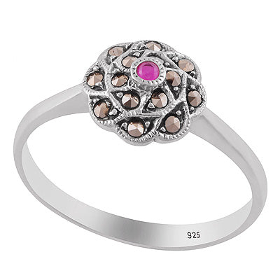 Stunning Oxdised Flower Patter Around Marcasite,Red Corundum Round Shape 925 Sterling Solid Silver Ring - R1002536-1