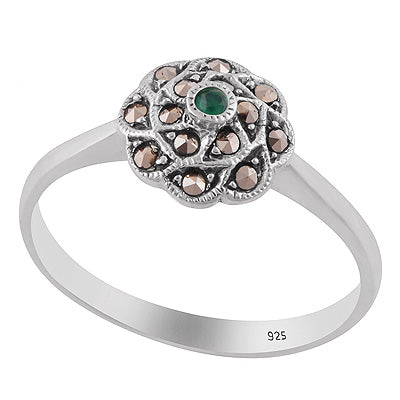 Stunning Oxdised Flower Patter Around Marcasite,Green Corundum Round Shape 925 Sterling Solid Silver Ring - R1002536-2