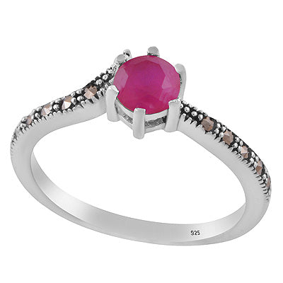 Stunning Oxidised Work Around Marcasite,Red Corundum Round Shape 925 Sterling Solid Silver Ring - R1002537-1