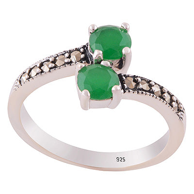 Alluring Oxidised Work Around Marcasite,Green Onyx Round Shape 925 Sterling Solid Silver Ring - R1002538-2