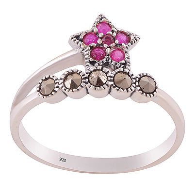Gorgeous Oxdised Star Patter Around Marcasite,Red Corundum Round Shape 925 Sterling Solid Silver Ring - R1002539-1