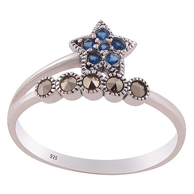Gorgeous Oxdised Star Patter Around Marcasite,Cubic Zirconia Round Shape 925 Sterling Solid Silver Ring - R1002539-4