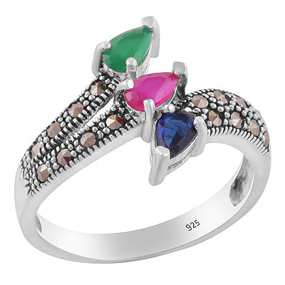 Stunning Oxdised Gemstone Studded Around Marcasite,Red Corundum,Green Onyx,Cubic Zirconia Pear,Round Shape 925 Sterling Solid Silver Ring - R1002540-3