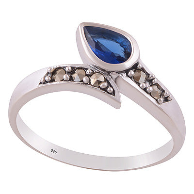 Beautiful Oxdised Patter Around Marcasite,Cubic Zirconia Pear,Round Shape 925 Sterling Solid Silver Ring - R1002541-4