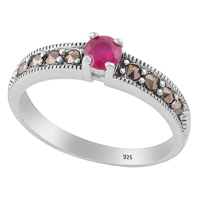 Gorgeous Gemstone Studded Around Marcasite,Red Corundum Round Shape 925 Sterling Solid Silver Ring - R1002542-1