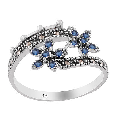 Beautiful Flower Studded w/ Gemstones Marcasite,Cubic Zirconia Round Shape 925 Sterling Solid Silver Ring - R1002544-4