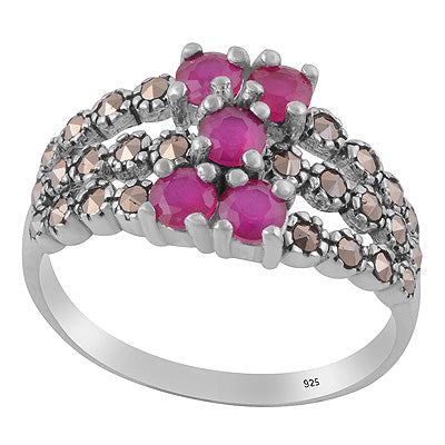 Gorgeous studded w/ Gemstones Marcasite,Red Corundum Round Shape 925 Sterling Solid Silver Ring - R1002548-1