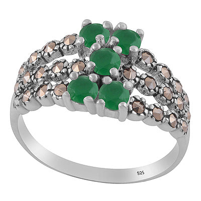 Gorgeous studded w/ Gemstones Marcasite,Green Onyx Round Shape 925 Sterling Solid Silver Ring - R1002548-2