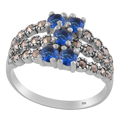Gorgeous studded w/ Gemstones Marcasite,Cubic Zirconia Round Shape 925 Sterling Solid Silver Ring - R1002548-4