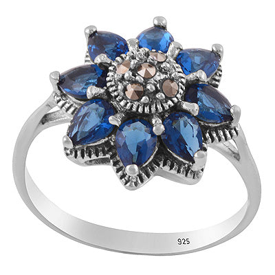 Alluring Flower Studded w/ Gemstones Marcasite,Cubic Zirconia Pear,Round Shape 925 Sterling Solid Silver Ring - R1002549-4