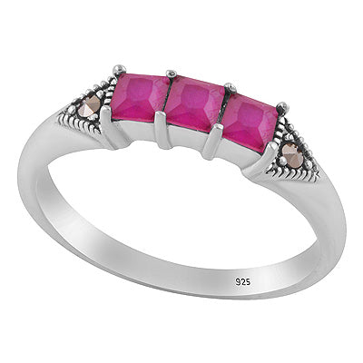 Stunning Multiple Gemstone Studded Marcasite,Red Corundum Square,Round Shape 925 Sterling Solid Silver Ring - R1002550-1