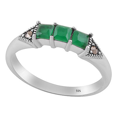 Stunning Multiple Gemstone Studded Marcasite,Green Onyx Square,Round Shape 925 Sterling Solid Silver Ring - R1002550-2