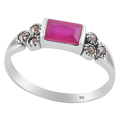 Beautiful Gemstone Studded Around Marcasite,Red Corundum Rectangle,Round Shape 925 Sterling Solid Silver Ring - R1002551-1